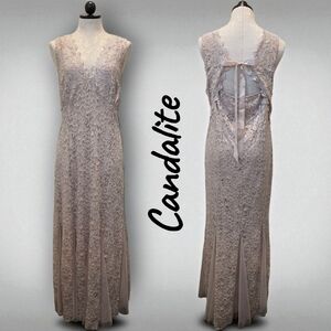 Candalite Lace Gown with Ribbon Tie Back V-Neckline Sleeveless Sequins Champagne